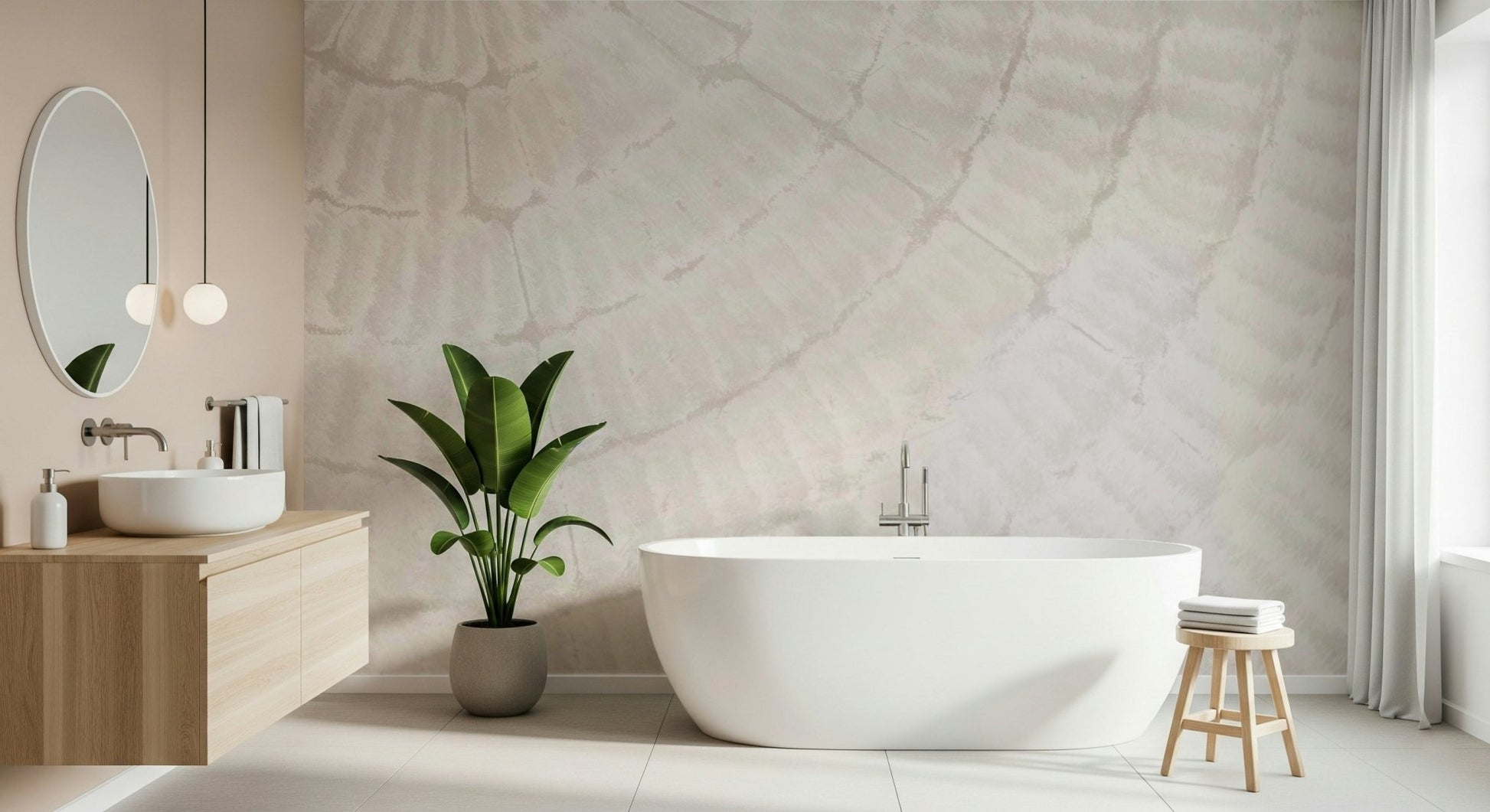 Elegant bedroom feature wall using the calming Oyster Shell Echo peel and stick wallpaper.