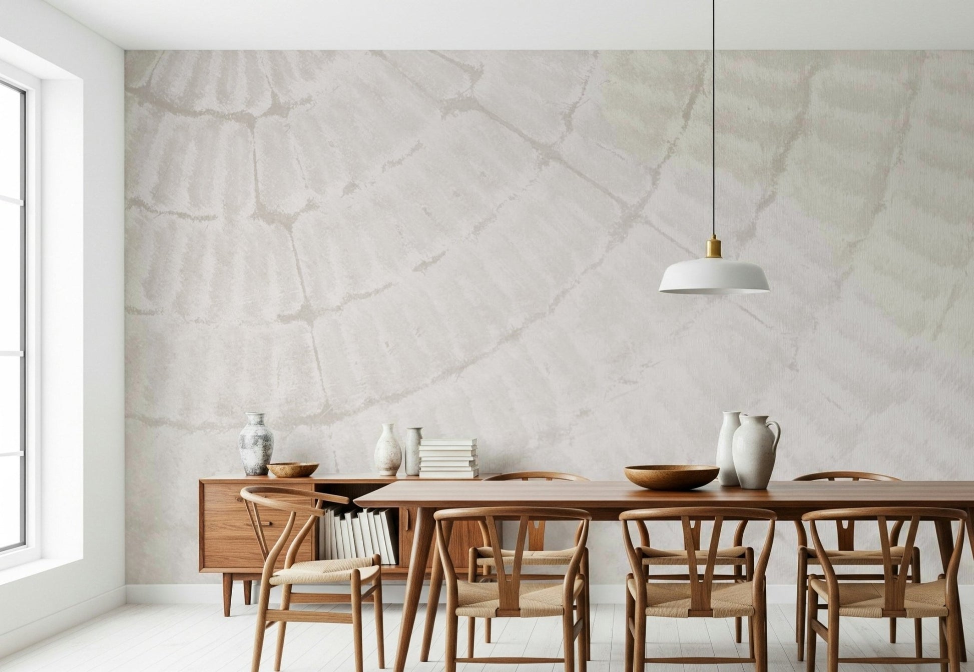 Oyster Shell Echo Wall Mural creating a bright, textured coastal living room.
