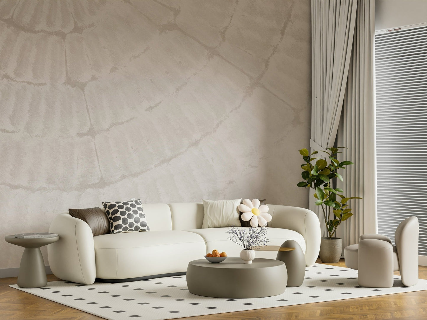 Designer interior featuring the ethereal feel of the Oyster Shell Echo Wall Mural.