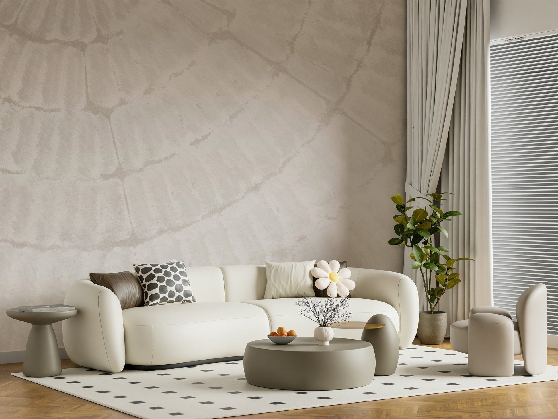 Designer interior featuring the ethereal feel of the Oyster Shell Echo Wall Mural.