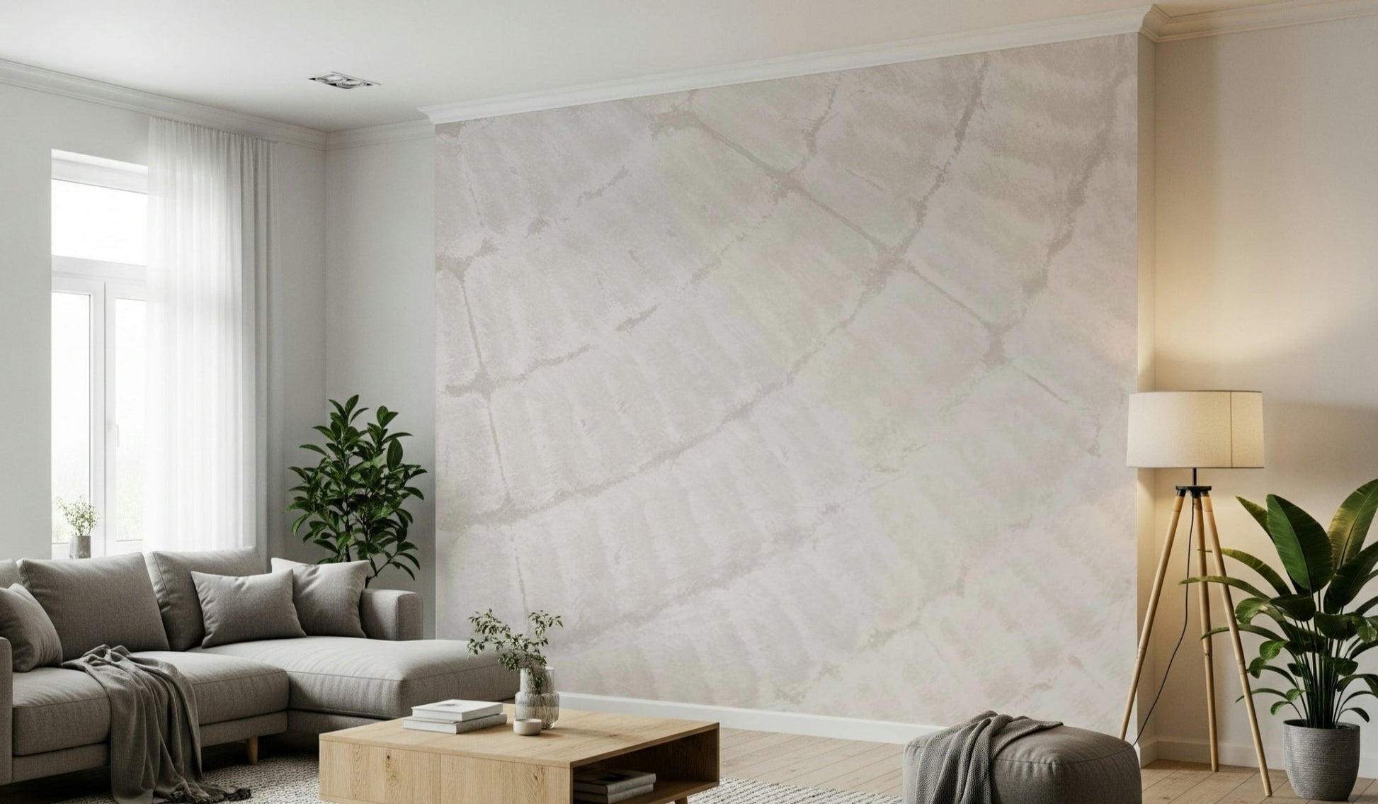 Detailed look at the delicate lines in the Oyster Shell Echo peel and stick wallpaper.