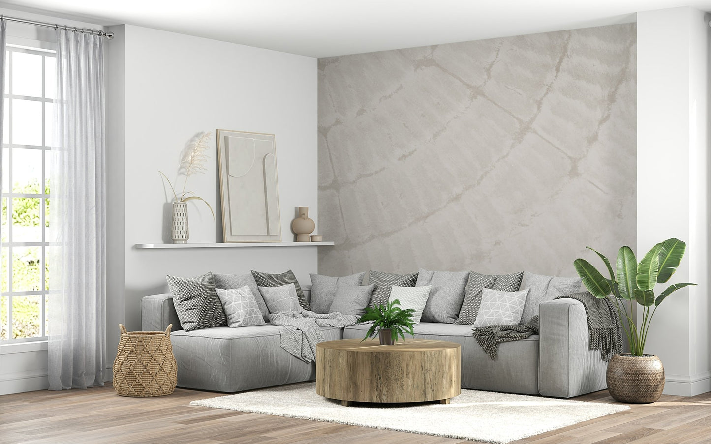 Full view of a sunlit dining area with the subtle Oyster Shell Echo Wall Mural.