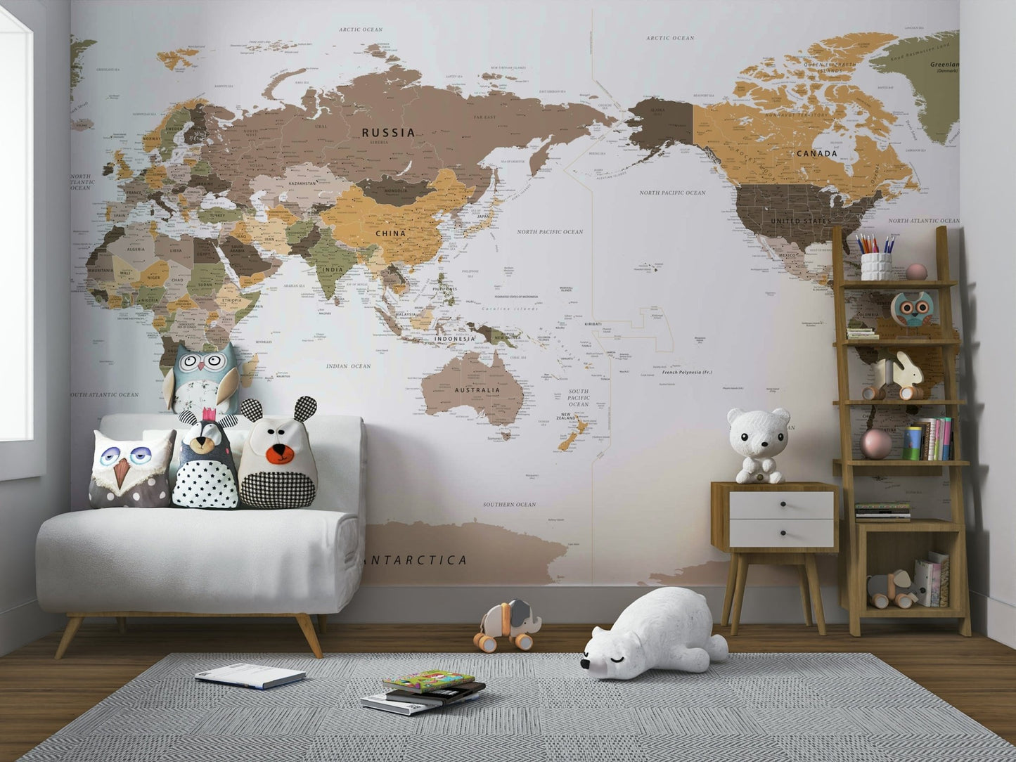 Detailed Pacific-centered map mural wallpaper

