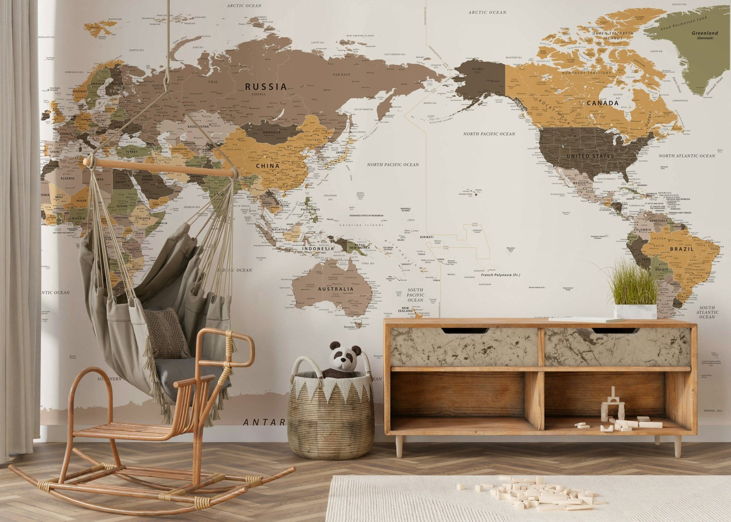 Study room with detailed travel map wallpaper

