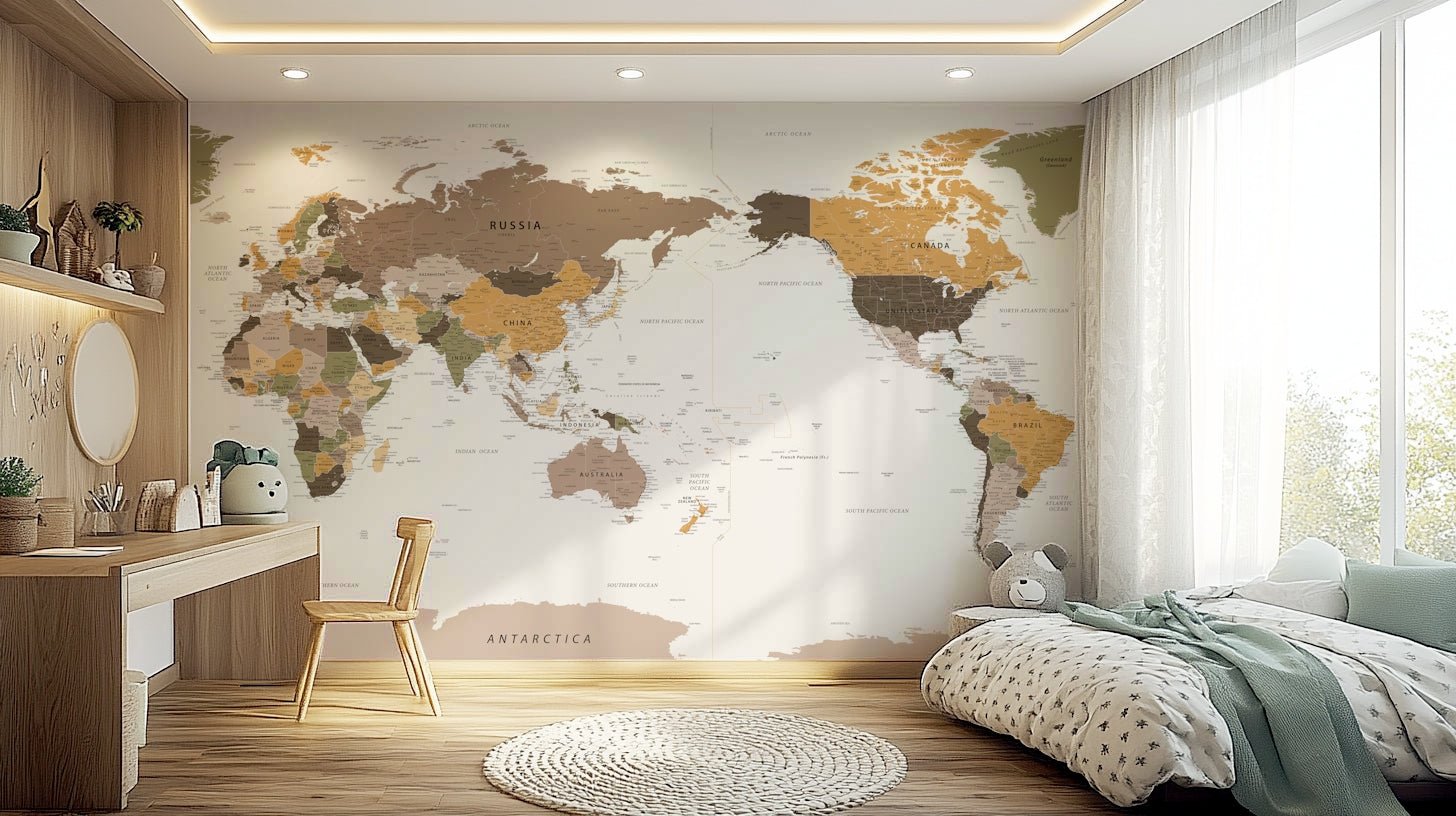 Office wall with Pacific travel map mural design

