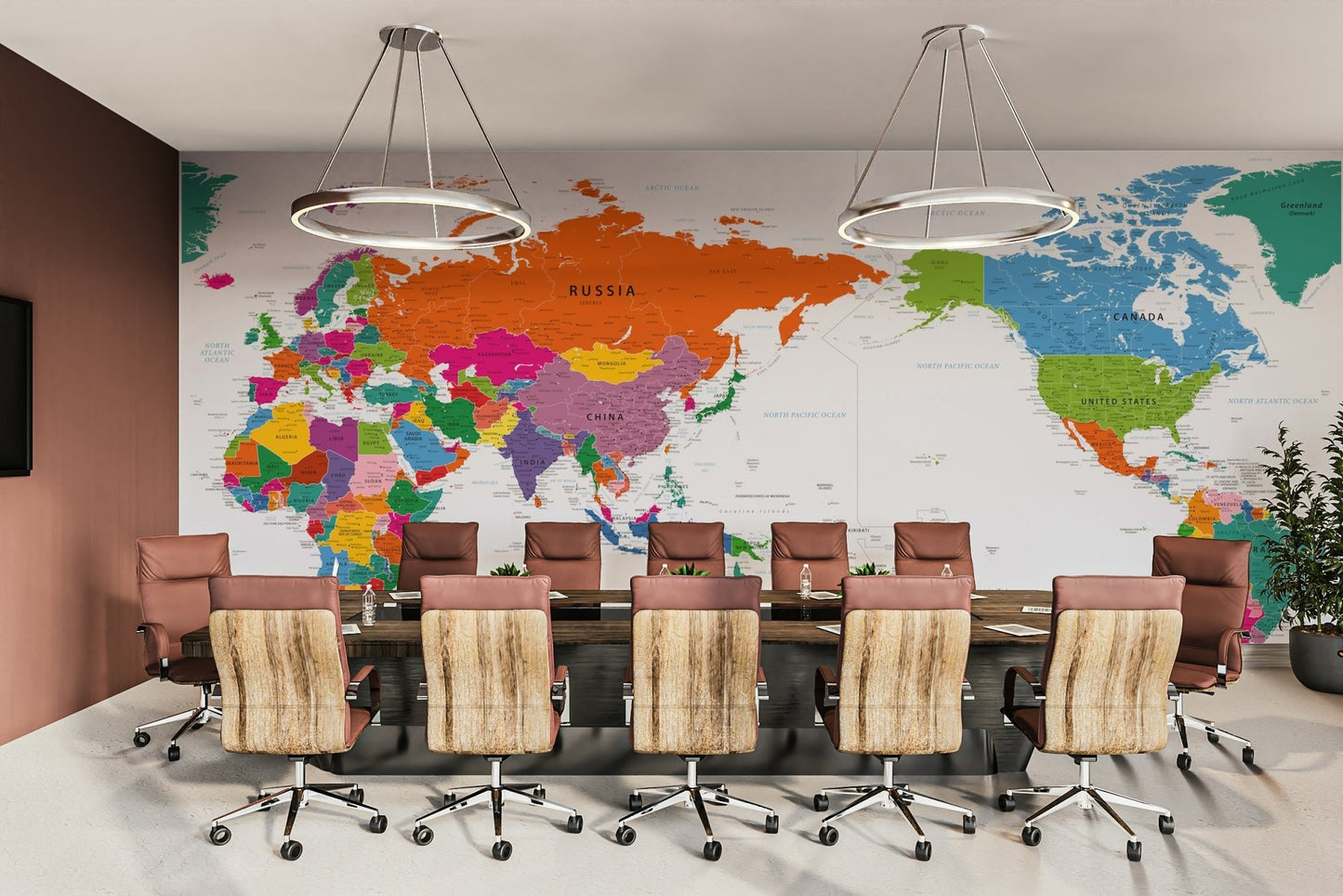 Close-up of colorful world map mural wallpaper