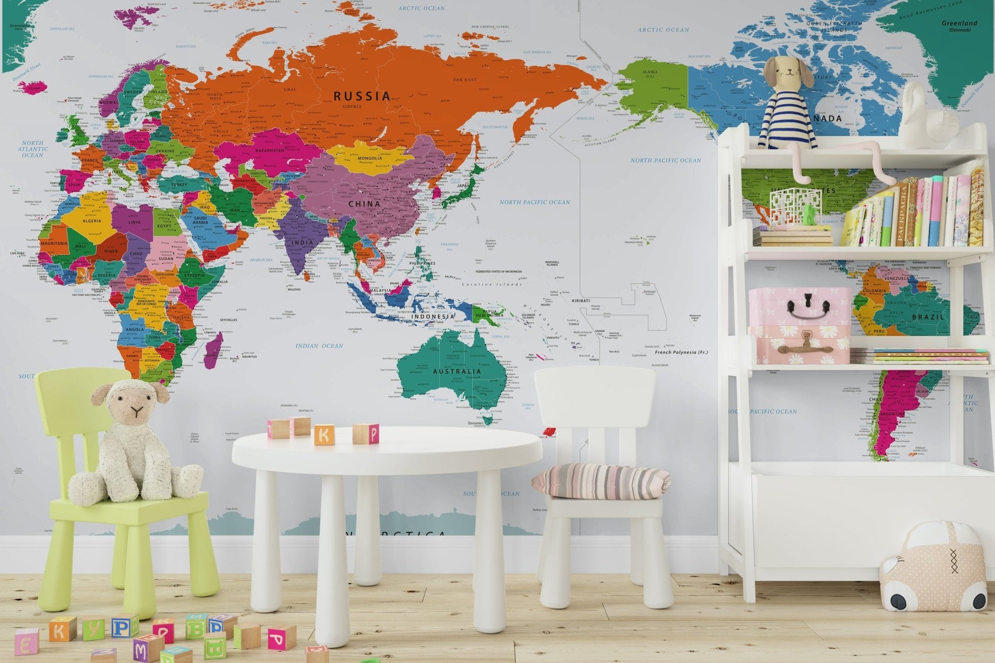 Pacific Centered World Map Fun Colors Wall Mural full view