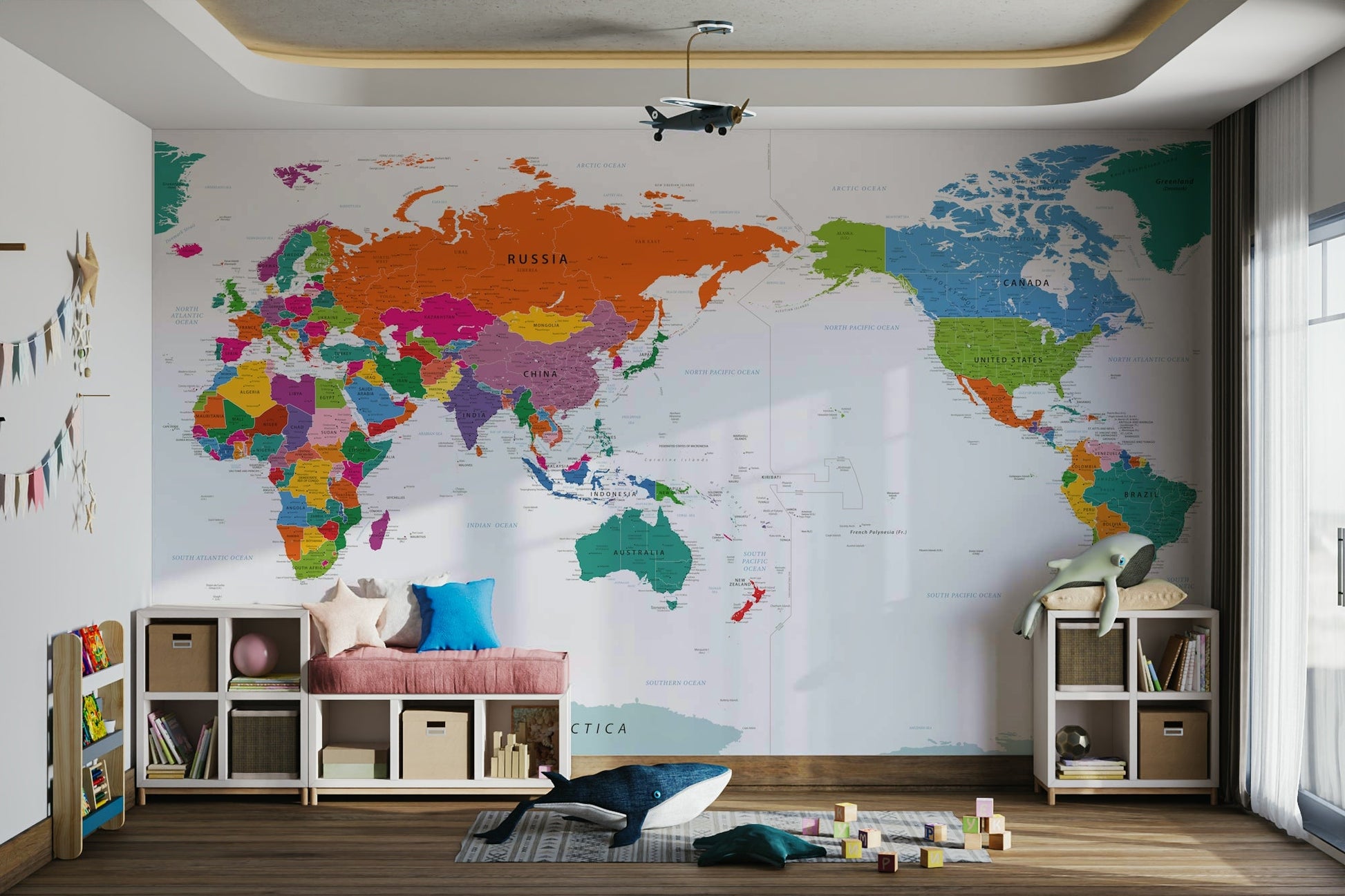 Classroom with detailed colorful world map wallpaper