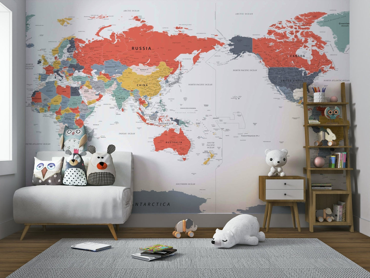 Pacific Centered World Map Happy Colors Wall Mural full view