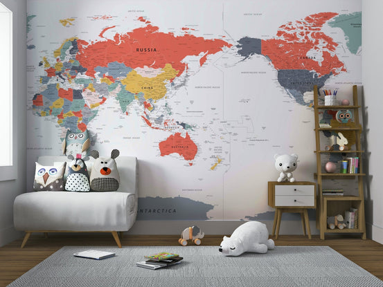 Pacific Centered World Map Happy Colors Wall Mural full view GD544