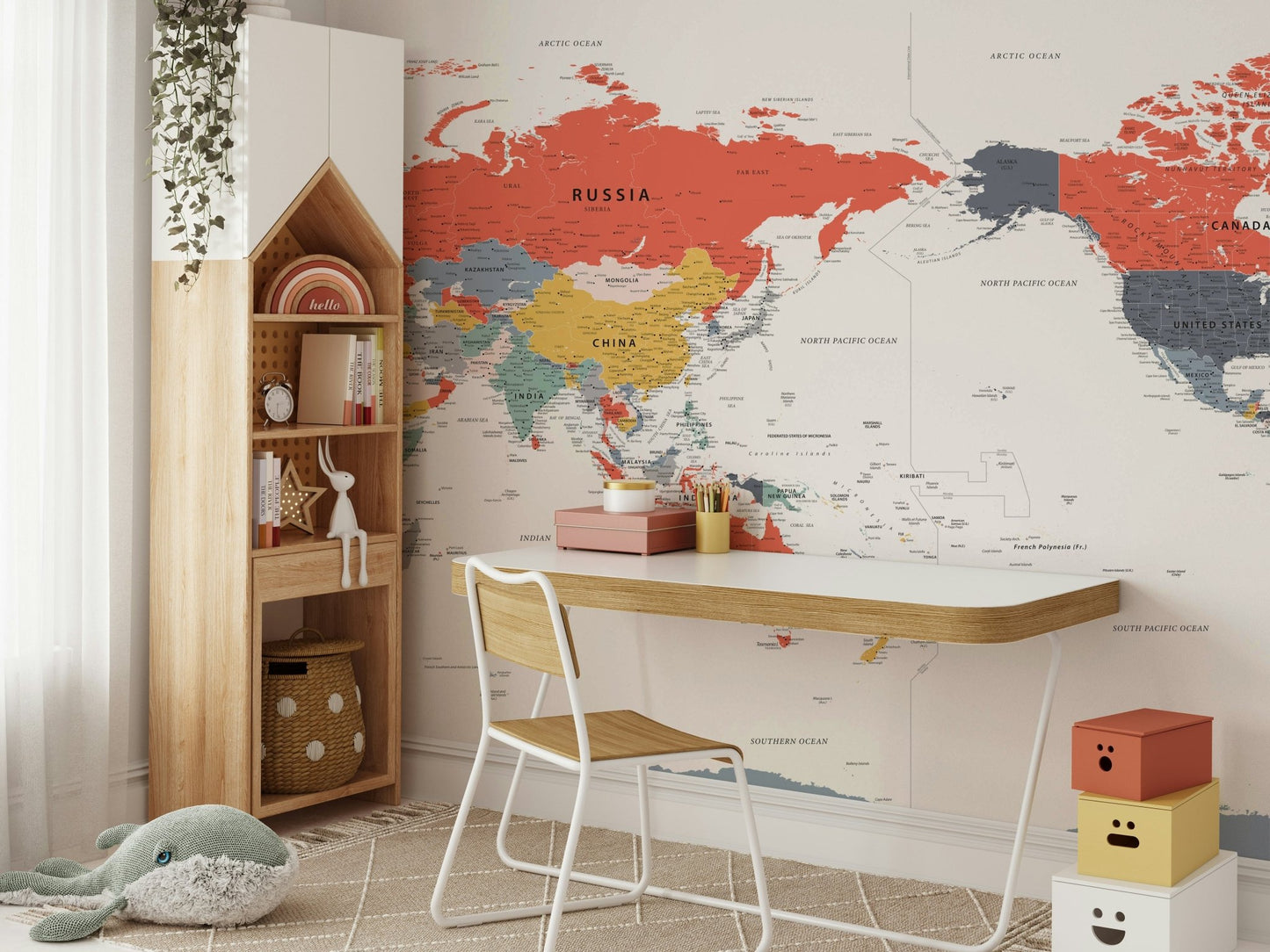Classroom wall with cheerful map mural design