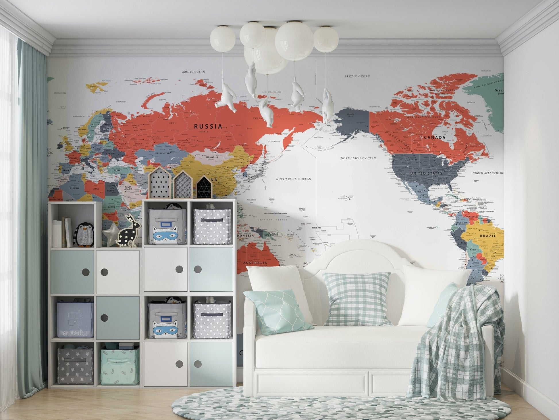 Playroom with vibrant world map wallpaper