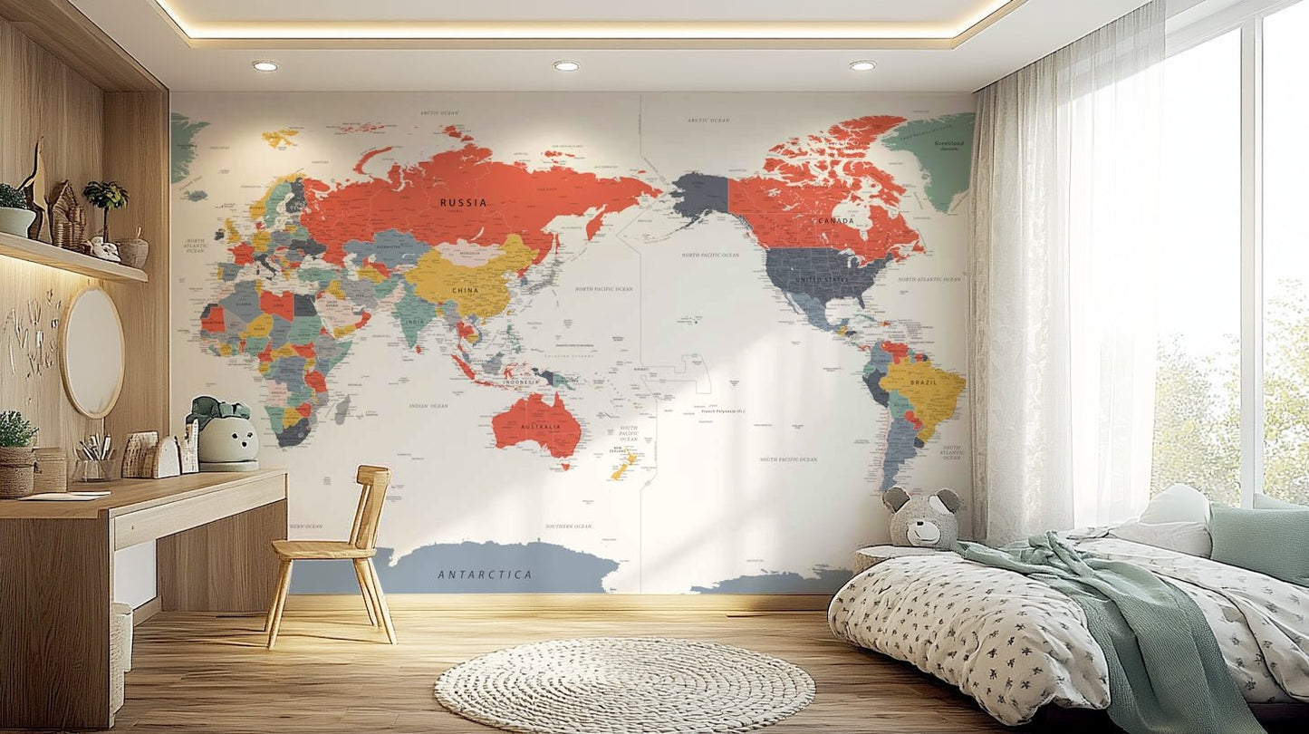 Close-up of bright colorful world map mural wallpaper