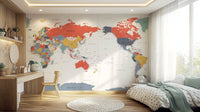 Close-up of bright colorful world map mural wallpaper