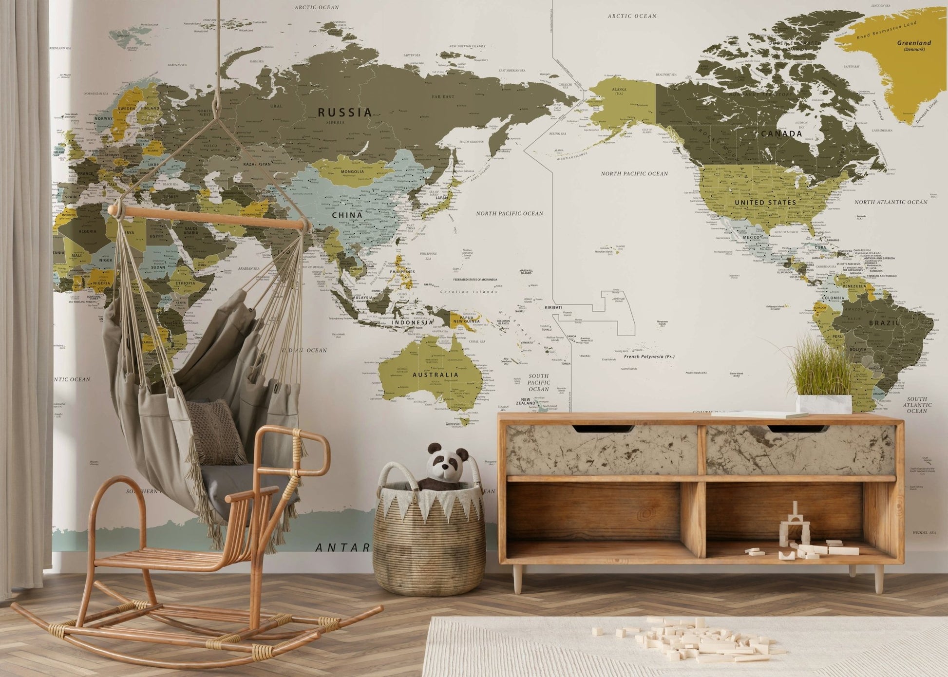 Study room with detailed green world map wallpaper

