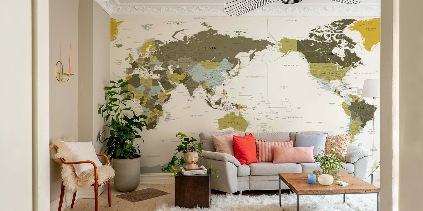 Close-up of olive green world map mural wallpaper

