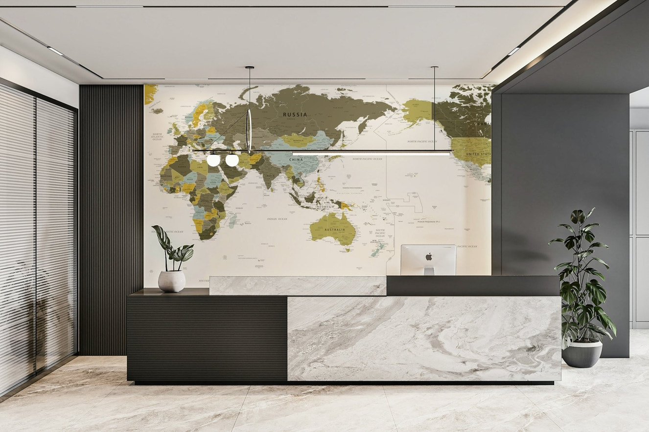 Pacific Centered Olive Green World Map Wall Mural full view

