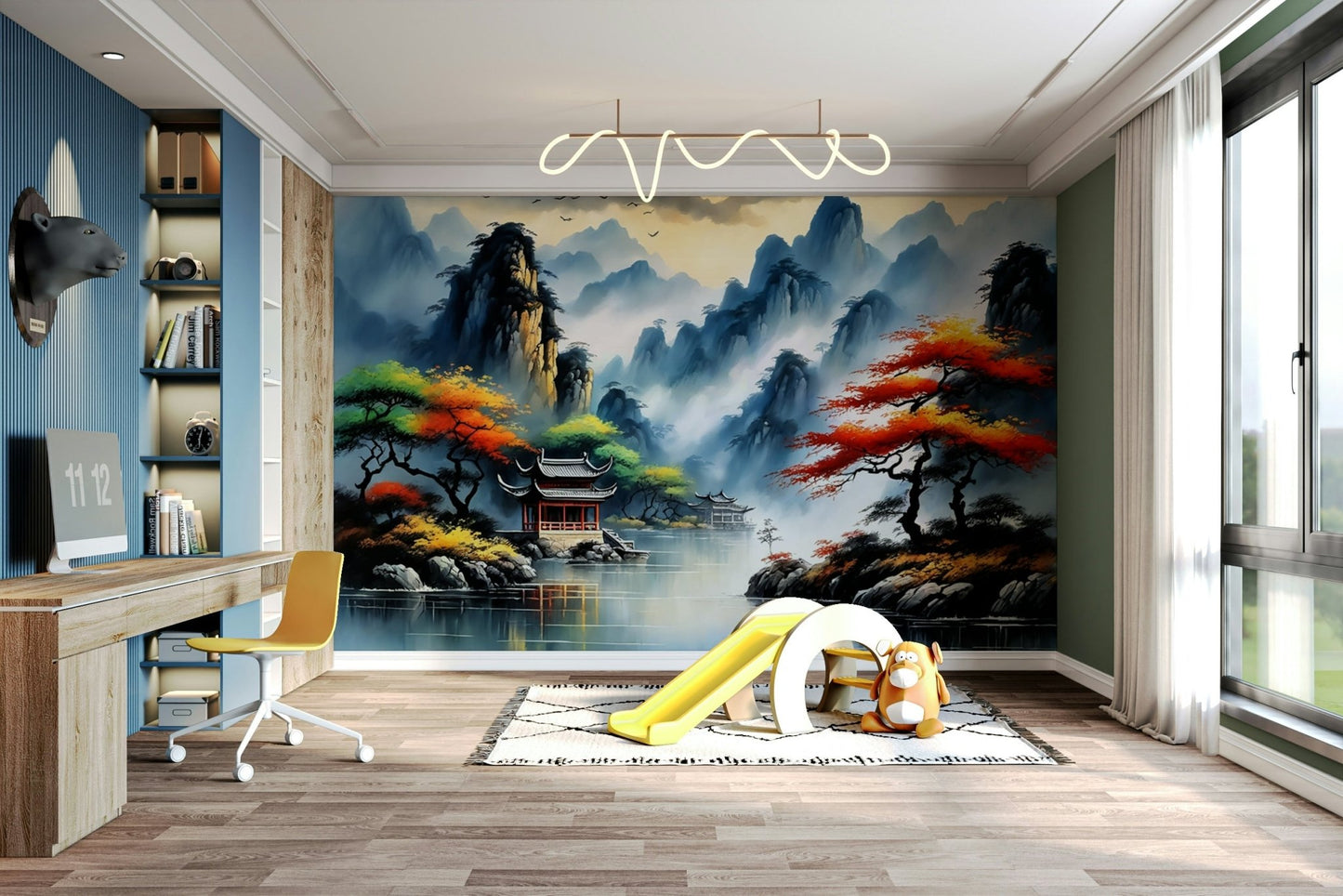 The scene is in a peaceful Asian-style garden.

