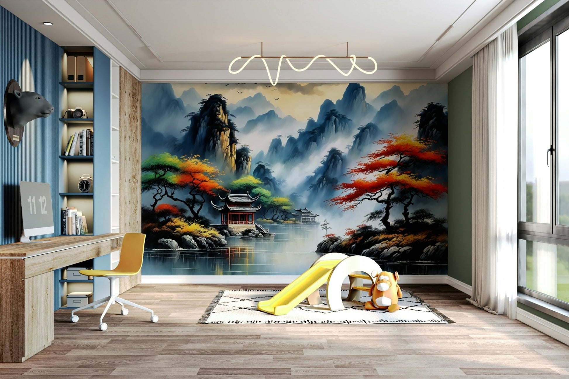 The scene is in a peaceful Asian-style garden.

