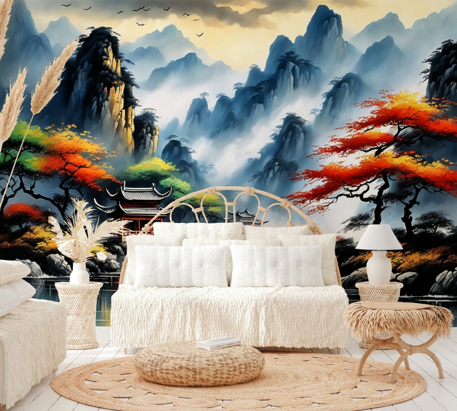 A few willow trees with hanging branches are near the water's edge.

