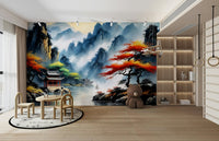 The colors are soft and muted, with tones of gray, green, and red.

