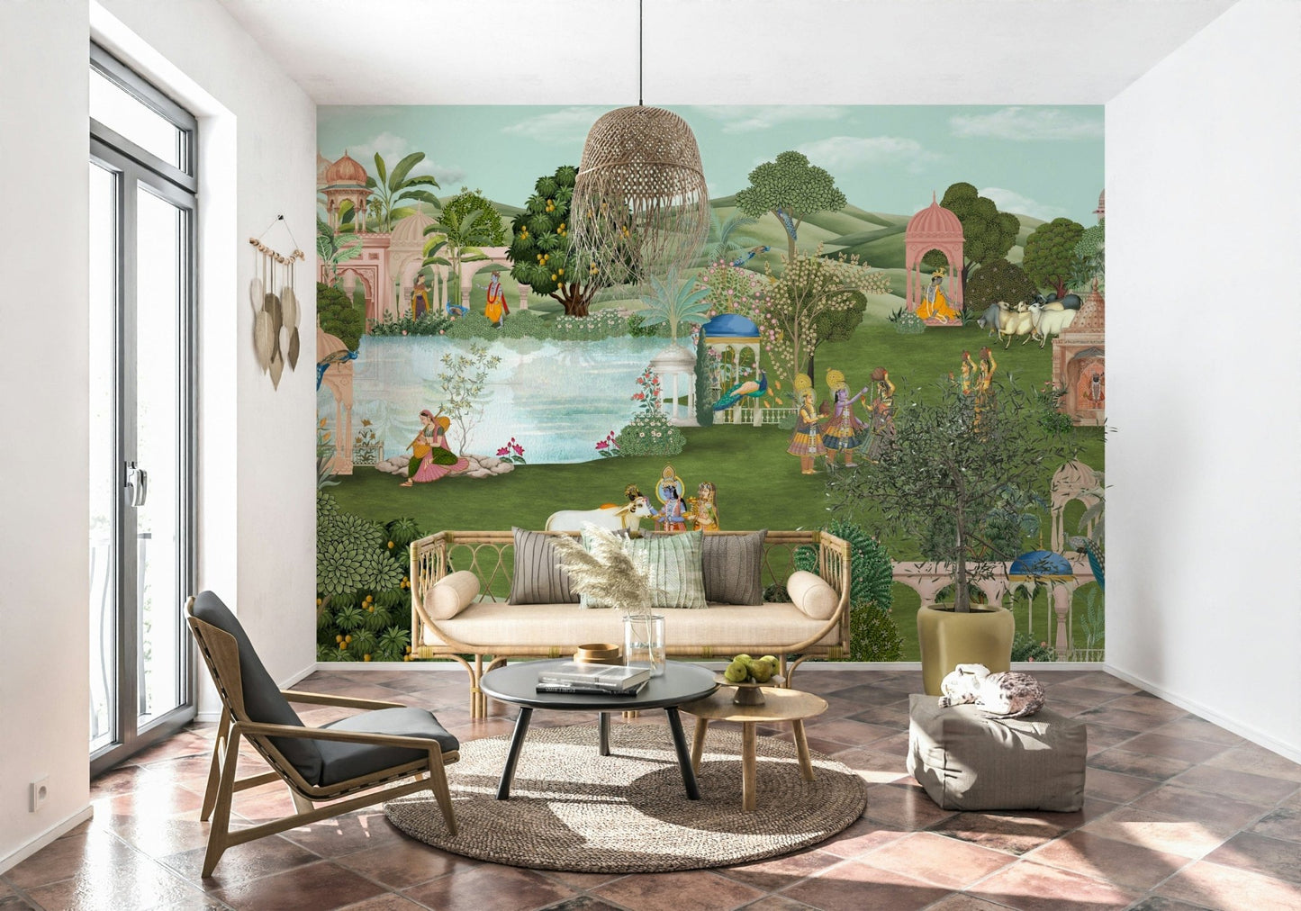 Indian Pahari art peacock mural with vines, leaves, and small flowers