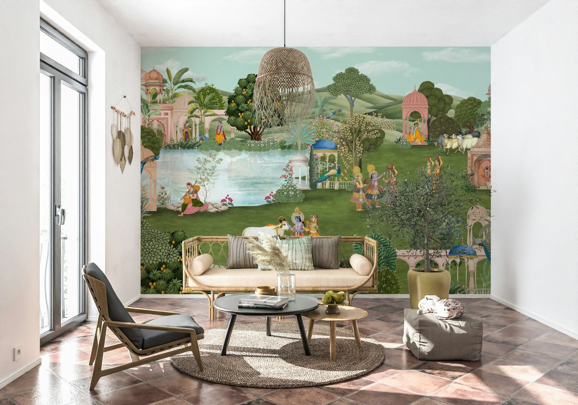 Indian Pahari art peacock mural with vines, leaves, and small flowers