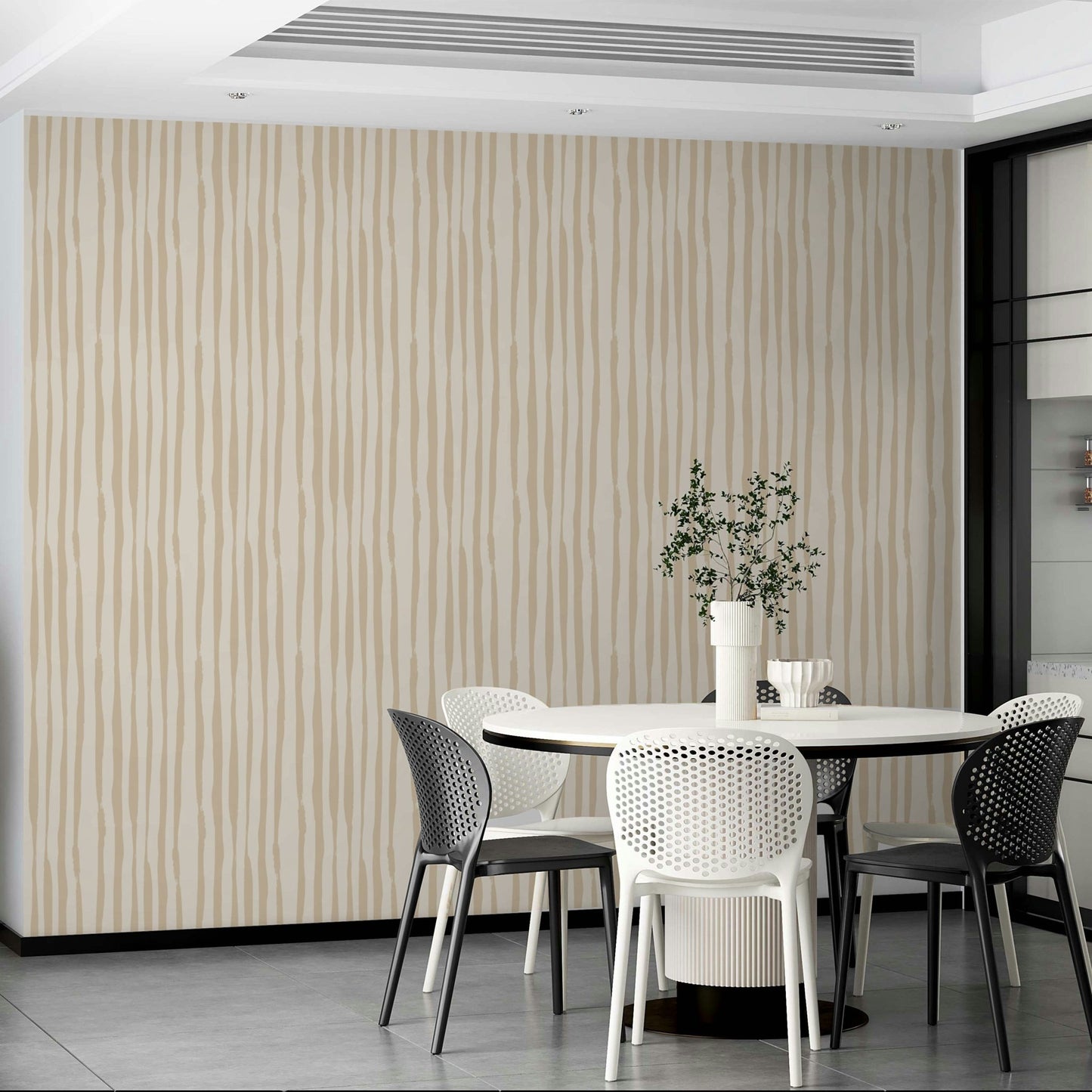 Painted Beige Stripes Wallpaper shown on a bedroom wall.
