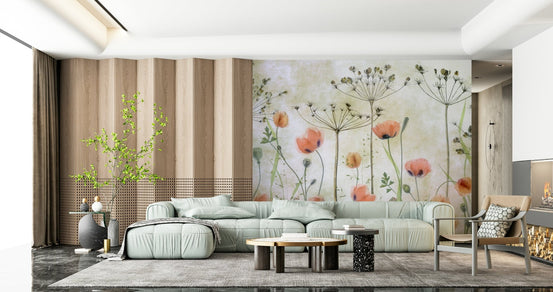 A detailed image of a wall mural featuring large, abstract painted flowers., GD5283