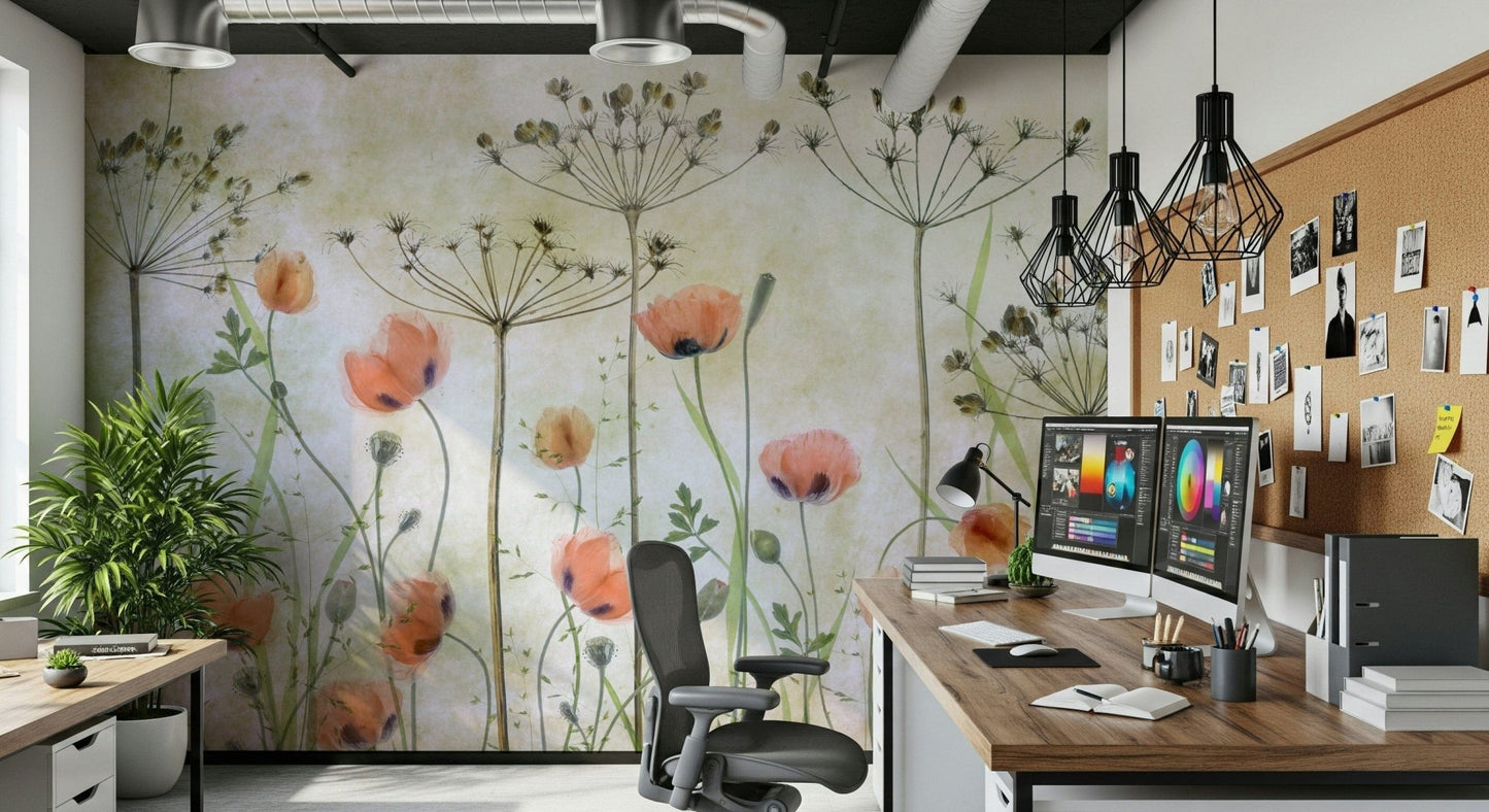 The mural creates an artistic and delicate floral aesthetic.