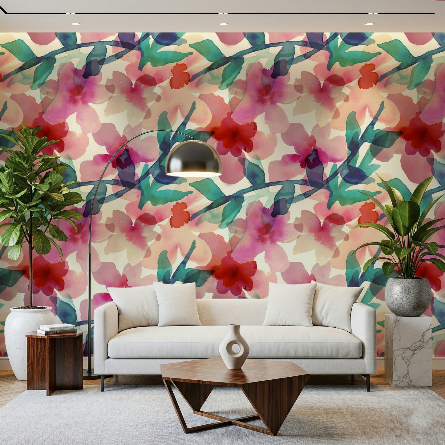 A graceful subtle bloom wall mural in soft, elegant tones.

