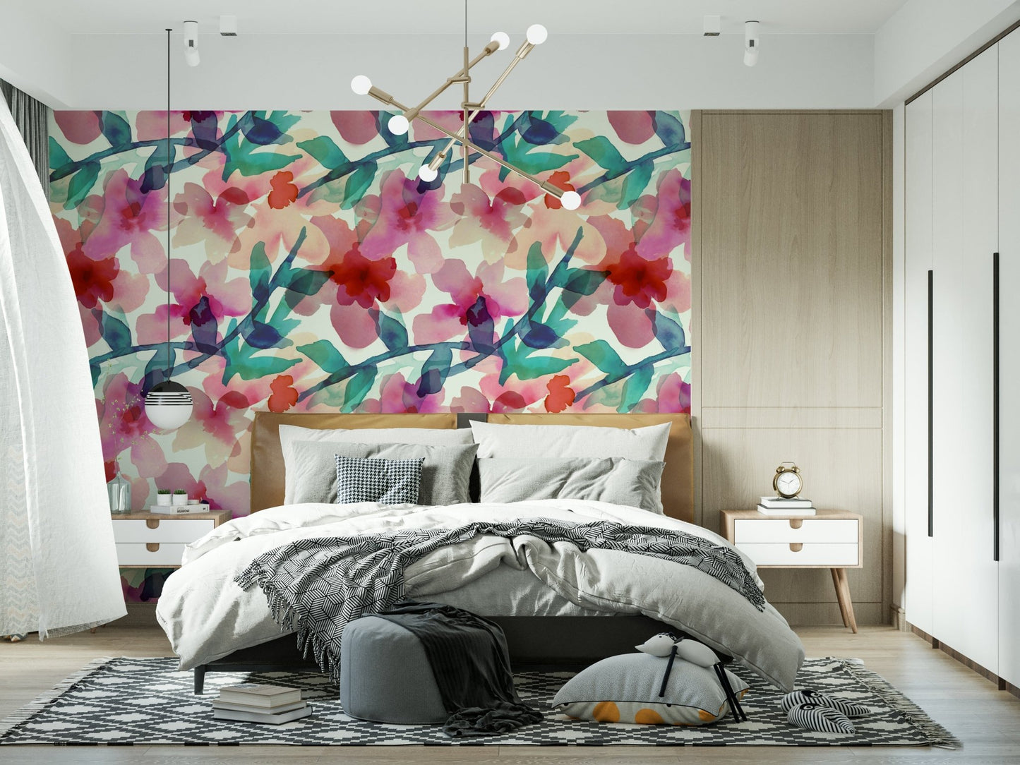 A peaceful flower design mural on decorative wallpaper.

