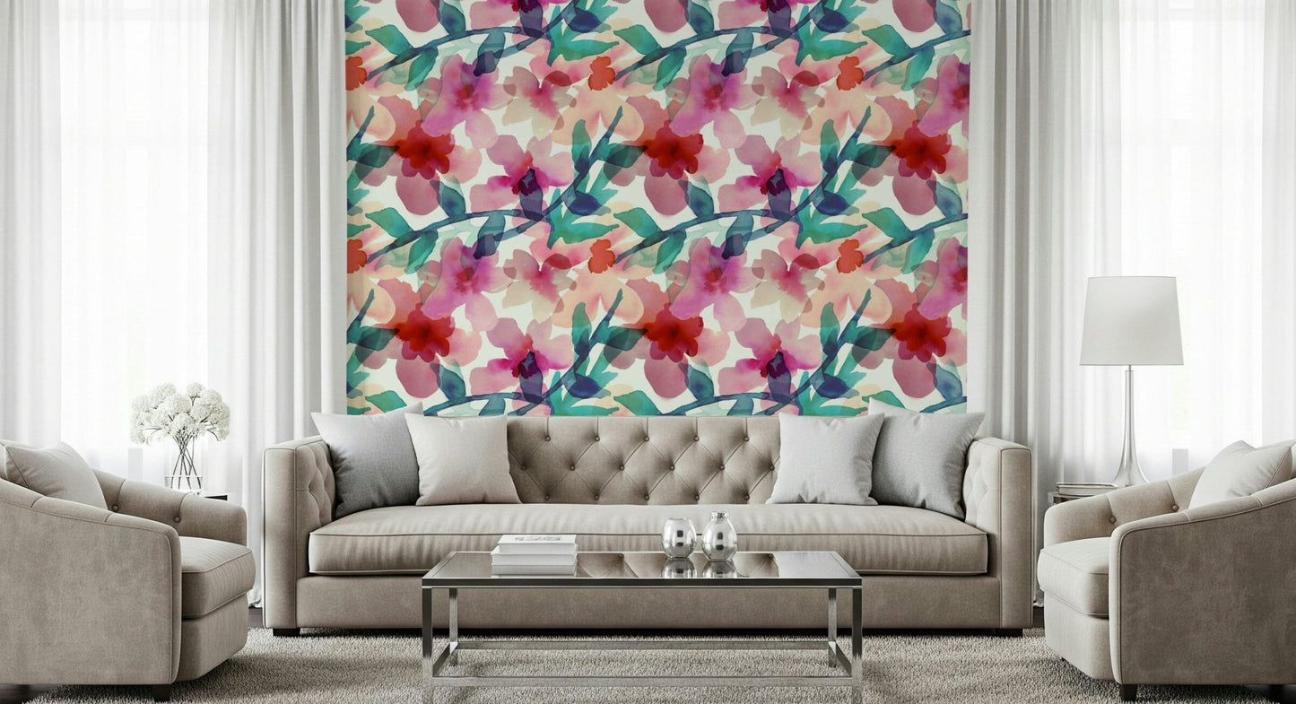 An artistic delicate bloom mural on minimalist wallpaper.

