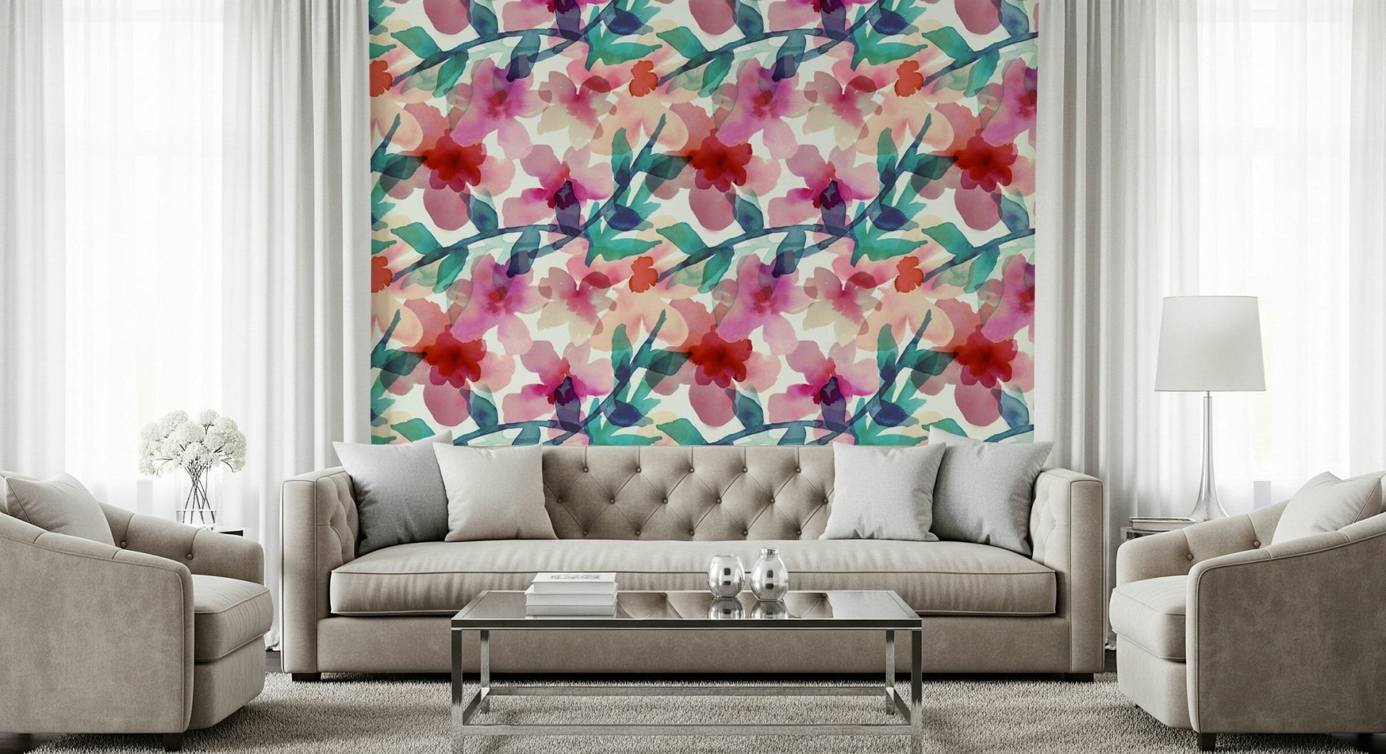 An artistic delicate bloom mural on minimalist wallpaper.

