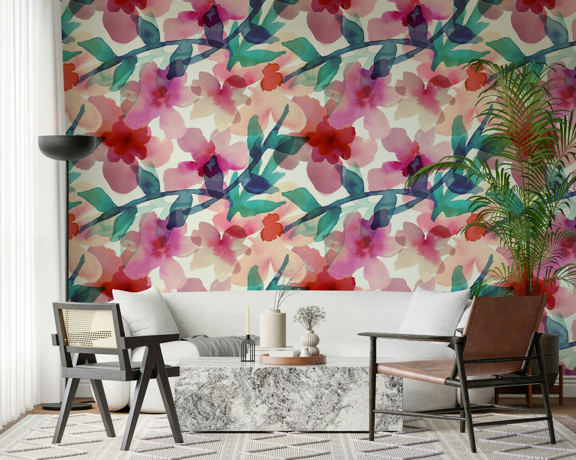 A contemplative floral pattern wallpaper mural for a feature wall.

