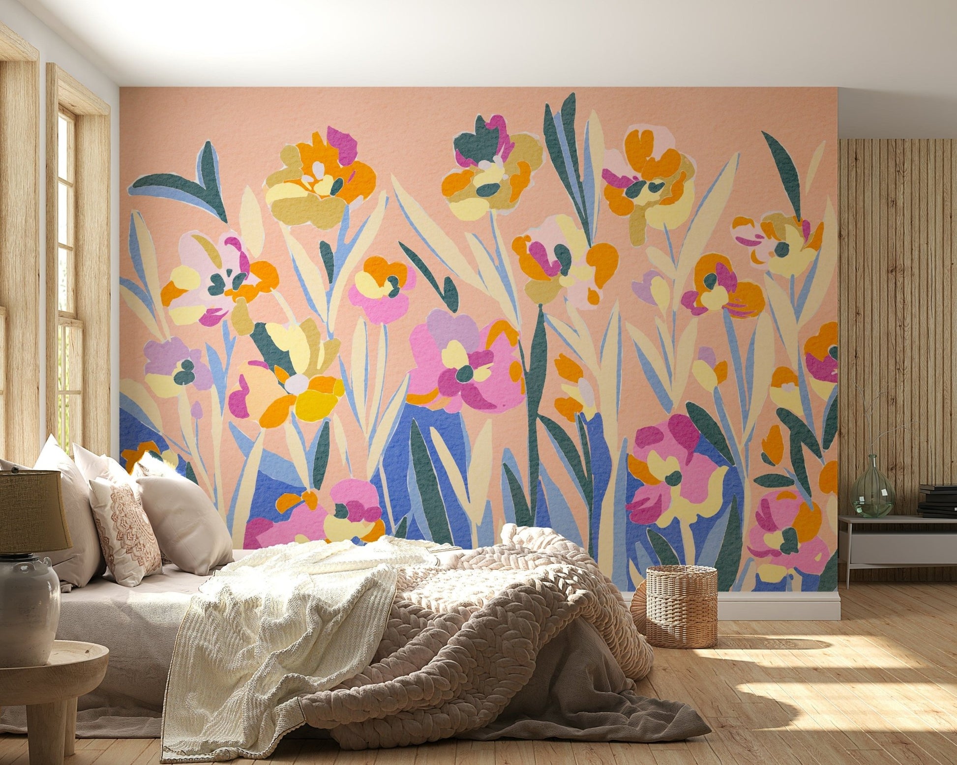 Bohemian style Painted Blossom Garden wallpaper mural home decor.