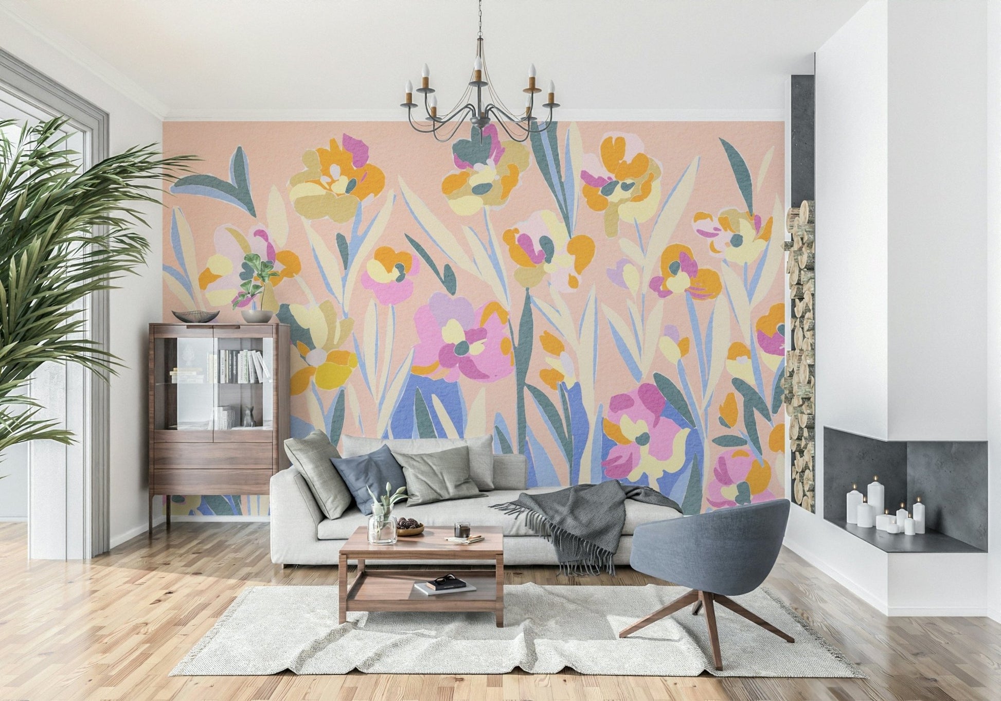 Painted Blossom Garden summery botanical wallpaper for walls graphic.