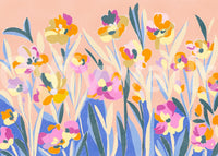 Whimsical illustration Painted Blossom Garden wall paper background.