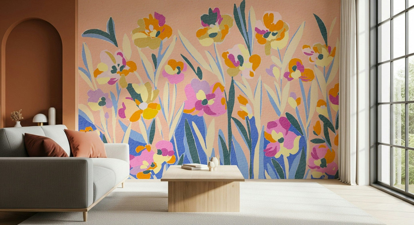 Punchy pink and orange Painted Blossom Garden wall paper decor.
