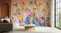 Punchy pink and orange Painted Blossom Garden wall paper decor.