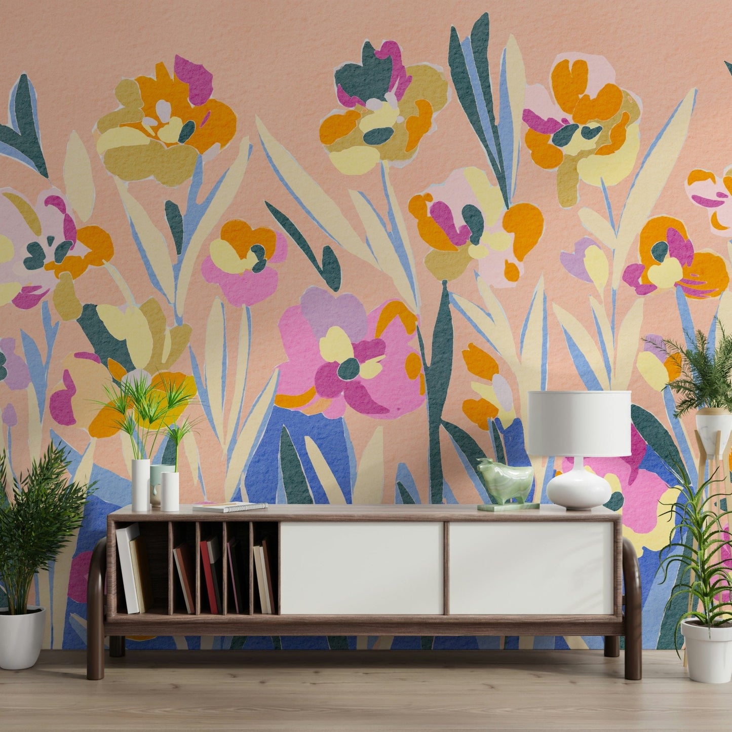 Lush jungle inspired Painted Blossom Garden wall treatment.