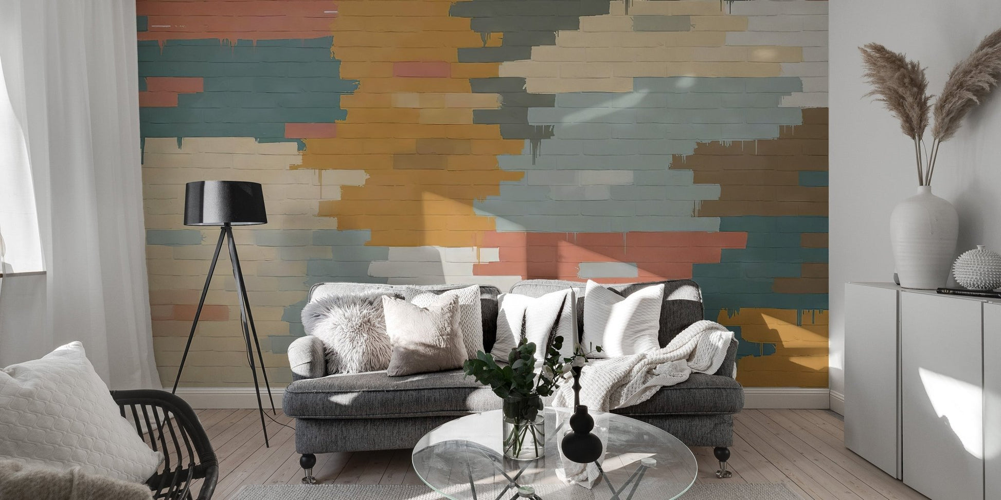 Painted Brick Illusion Mural brings urban flair to living rooms