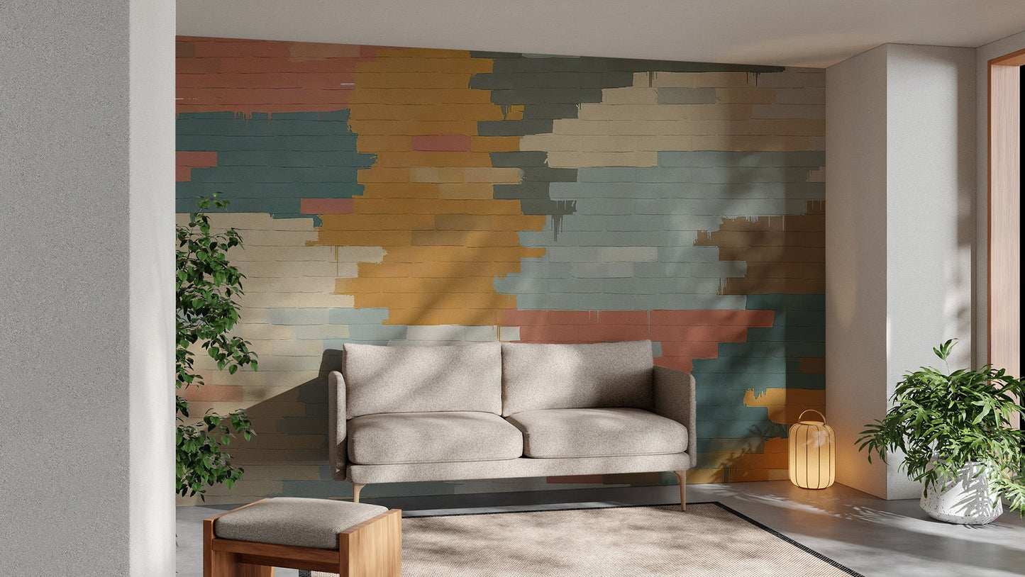 Transform your living room with the Painted Brick Illusion Mural.