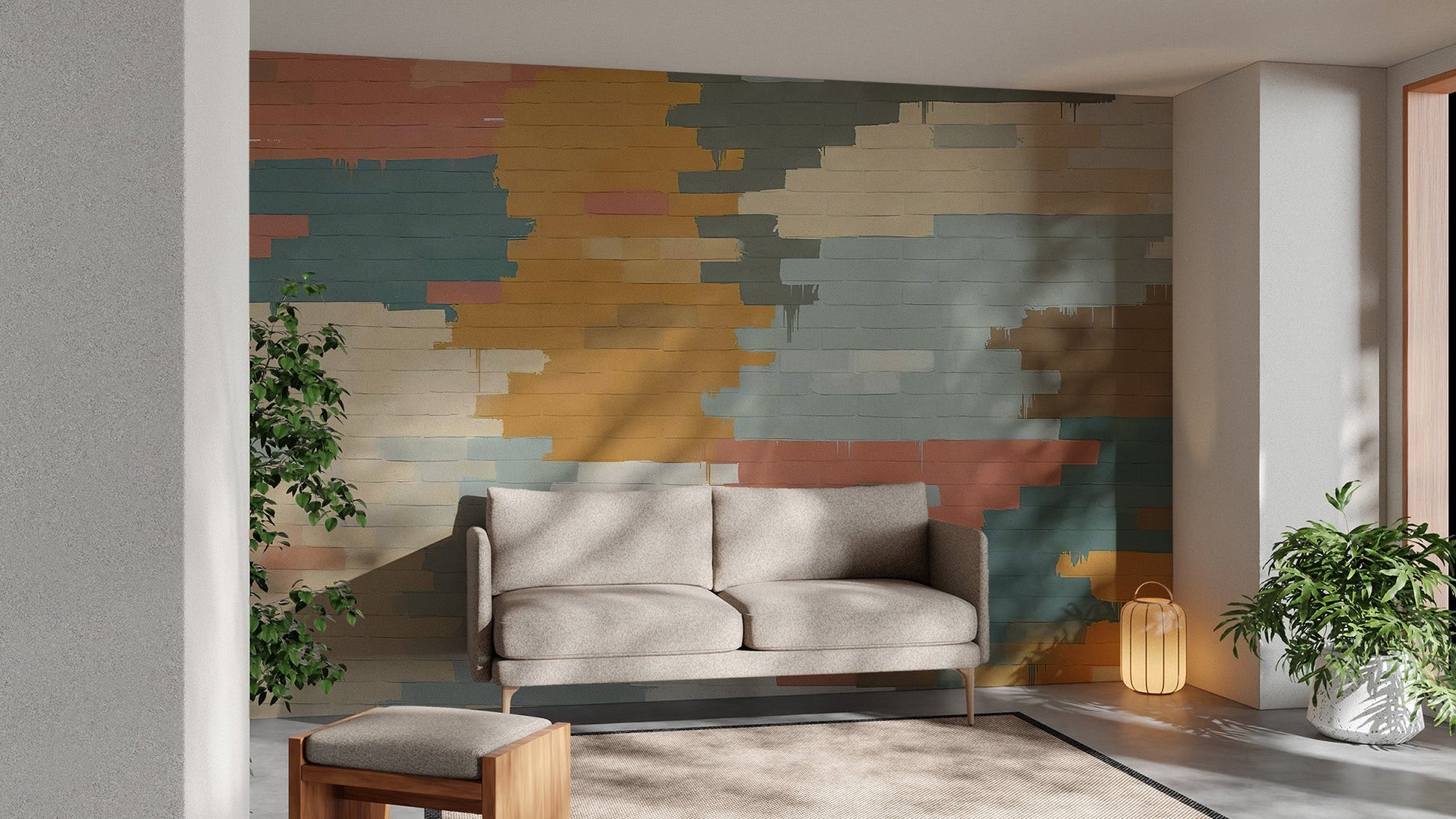 Transform your living room with the Painted Brick Illusion Mural.