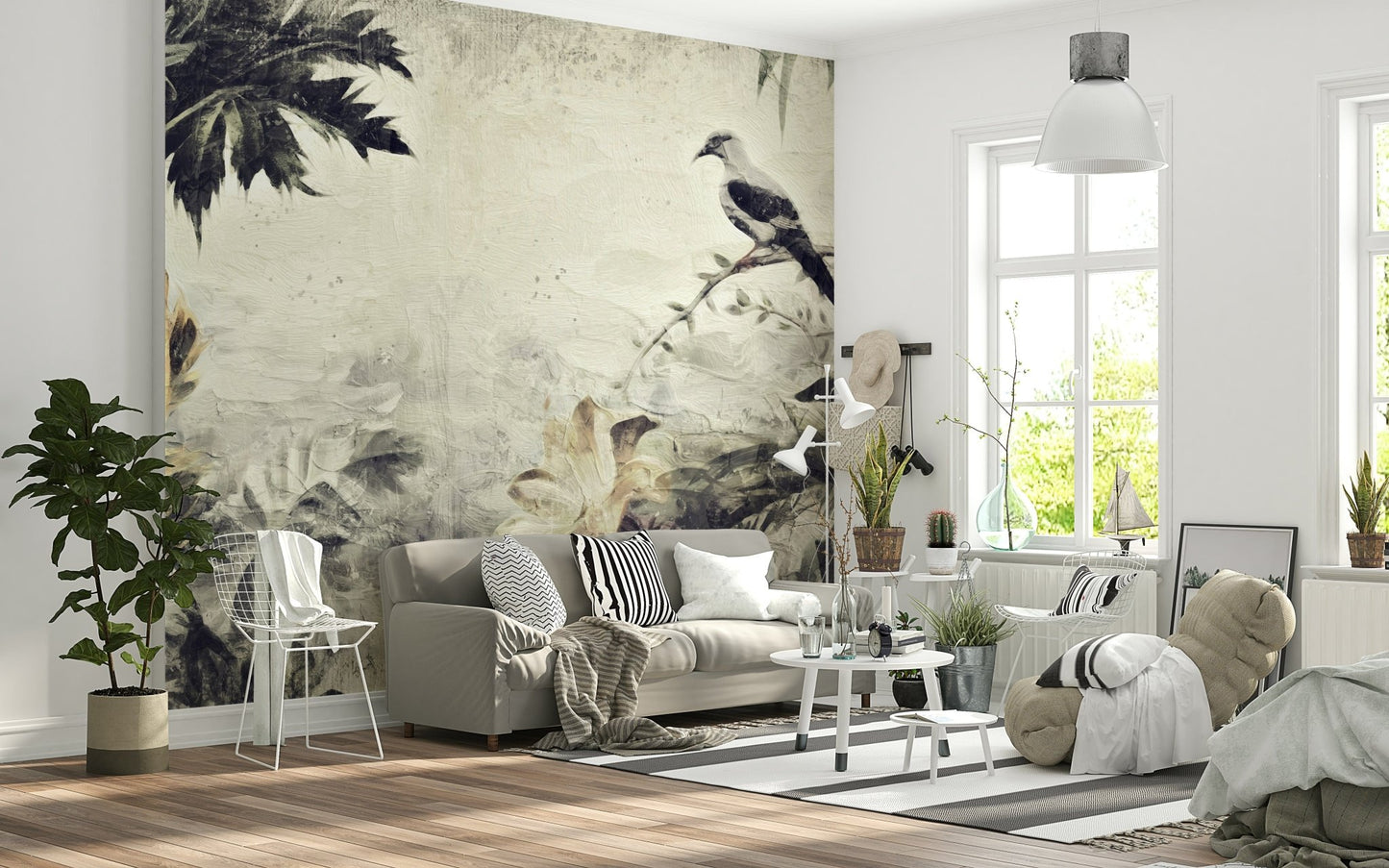 A peaceful modern abstract mural on decorative wallpaper.