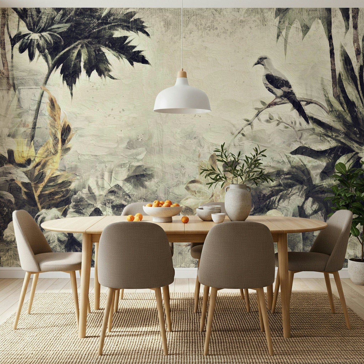 A calming abstract design wallpaper mural that defines a space.