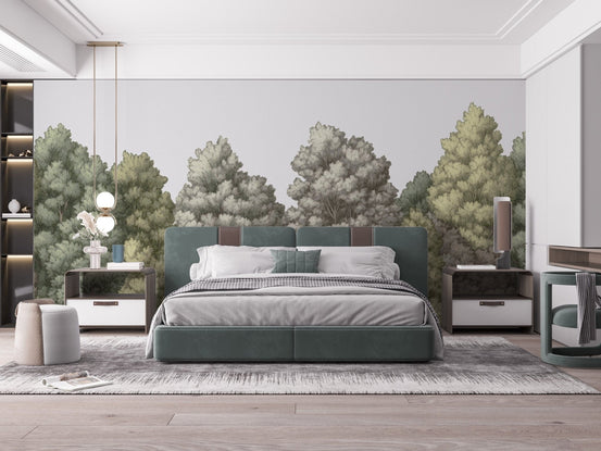 Create a serene bedroom with Painted Forest Wallpaper Mural C466