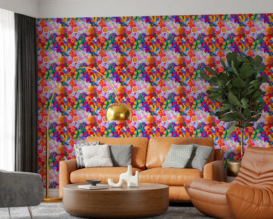  Hallway with Painted Garden Bloom Spring Colorful Flowers Wallpaper