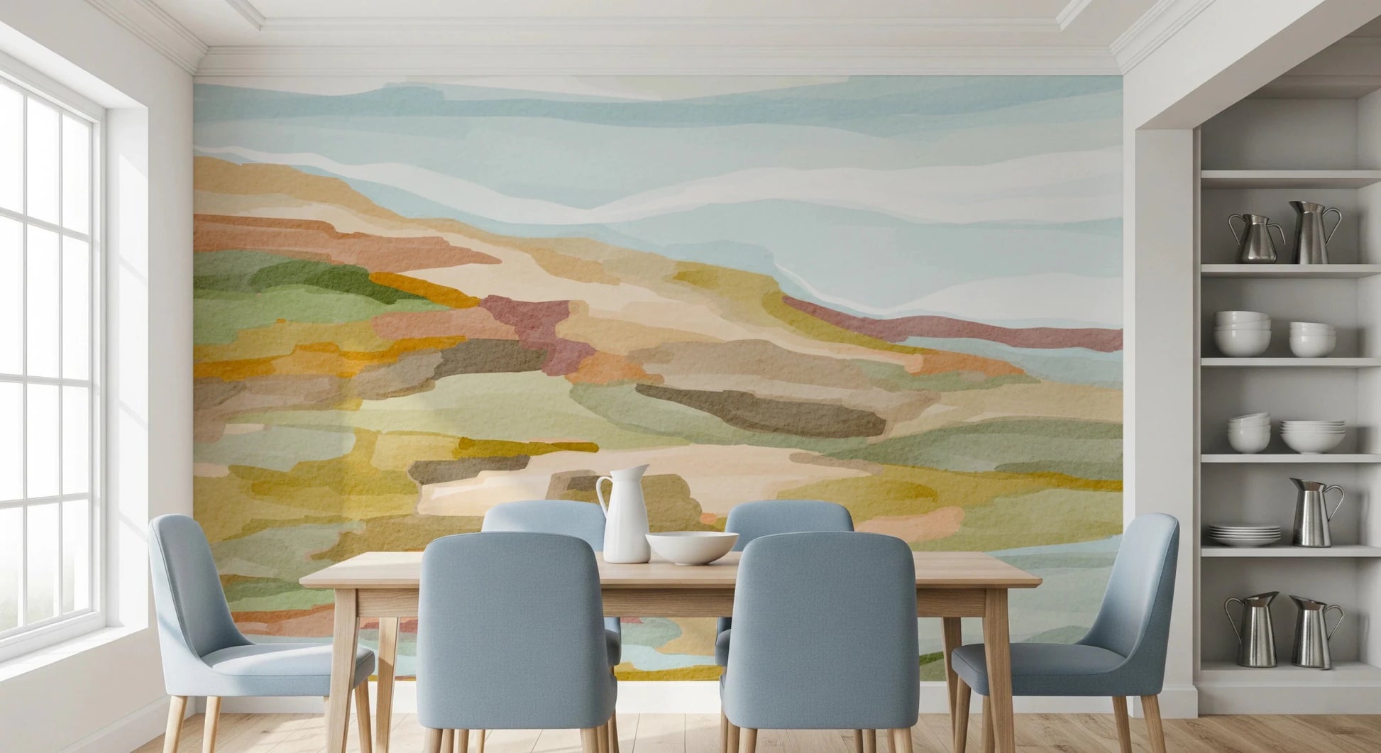 Dining nook with Painted Hills Wall Mural in a soft abstract hillside design