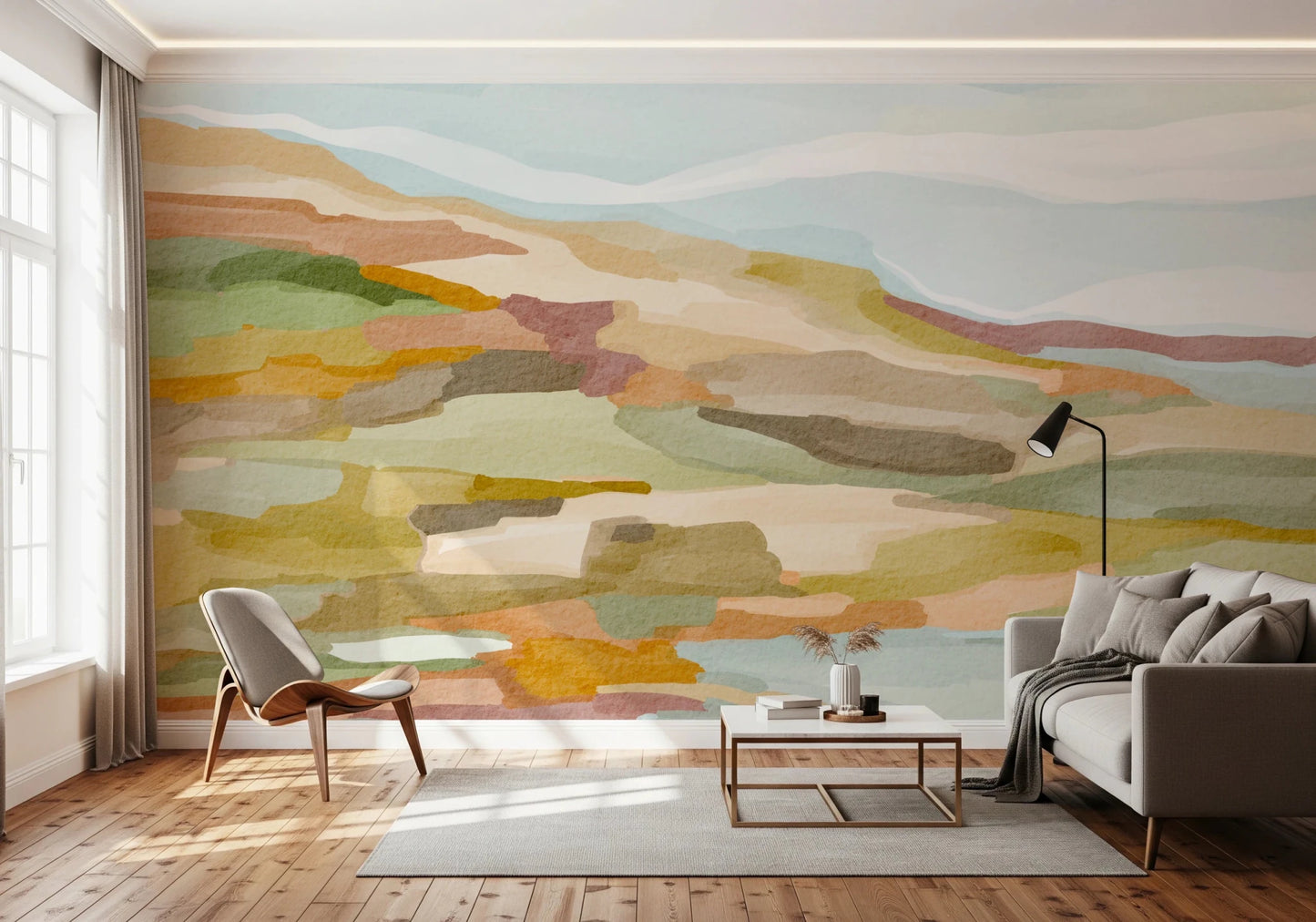 Hallway lounge with Painted Hills Wall Mural in calm earthy pastel shades